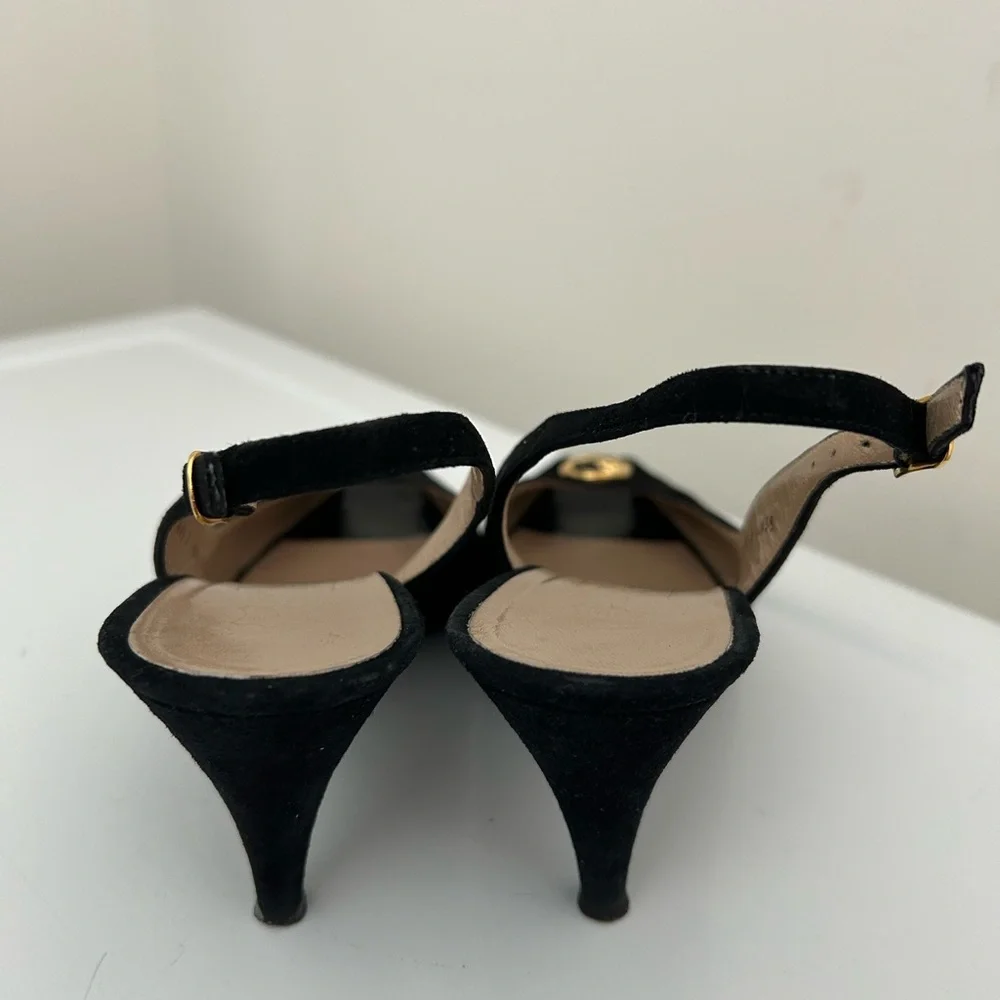 Bruno Magli Suede Peep Toe Slingback Heels Black Size 8 AAAA Extra Narrow